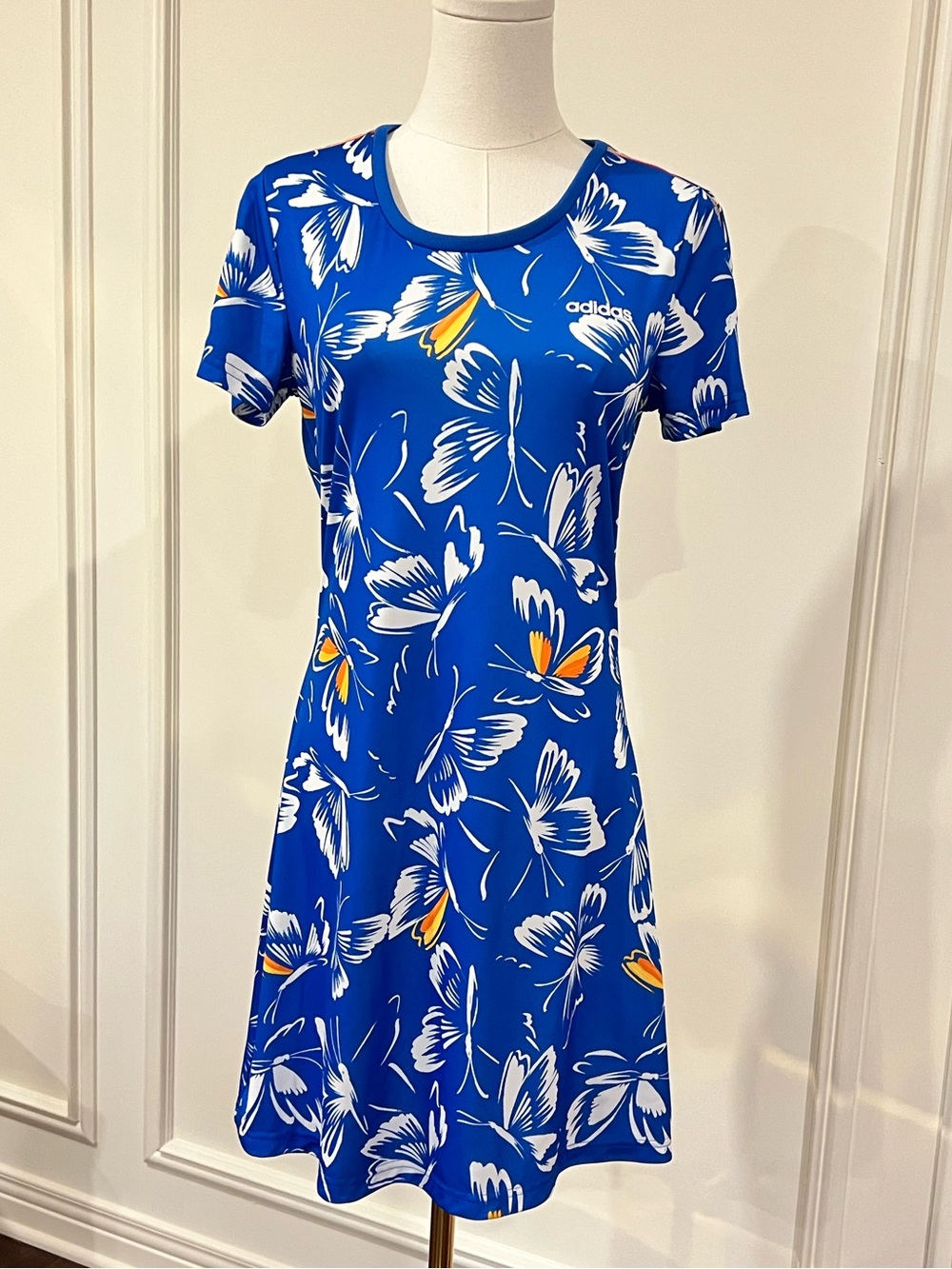 Adidas Blue Butterfly Print T-Shirt Dress Rainbow Tape Stripe Y2K‎ Size S